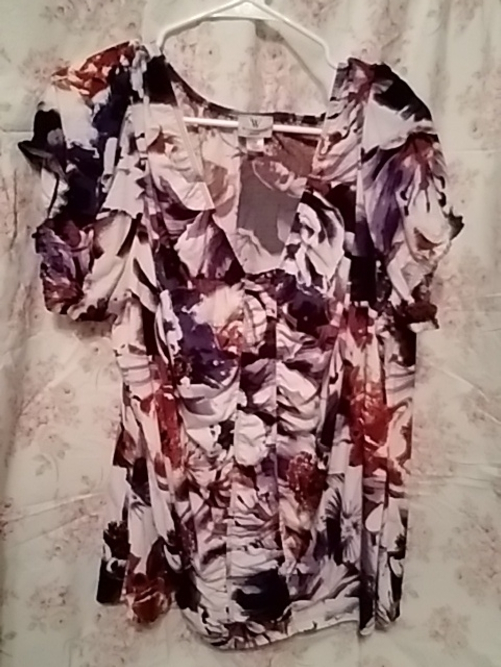 Ruched V-Neck Floral Blouse - Purple Multi